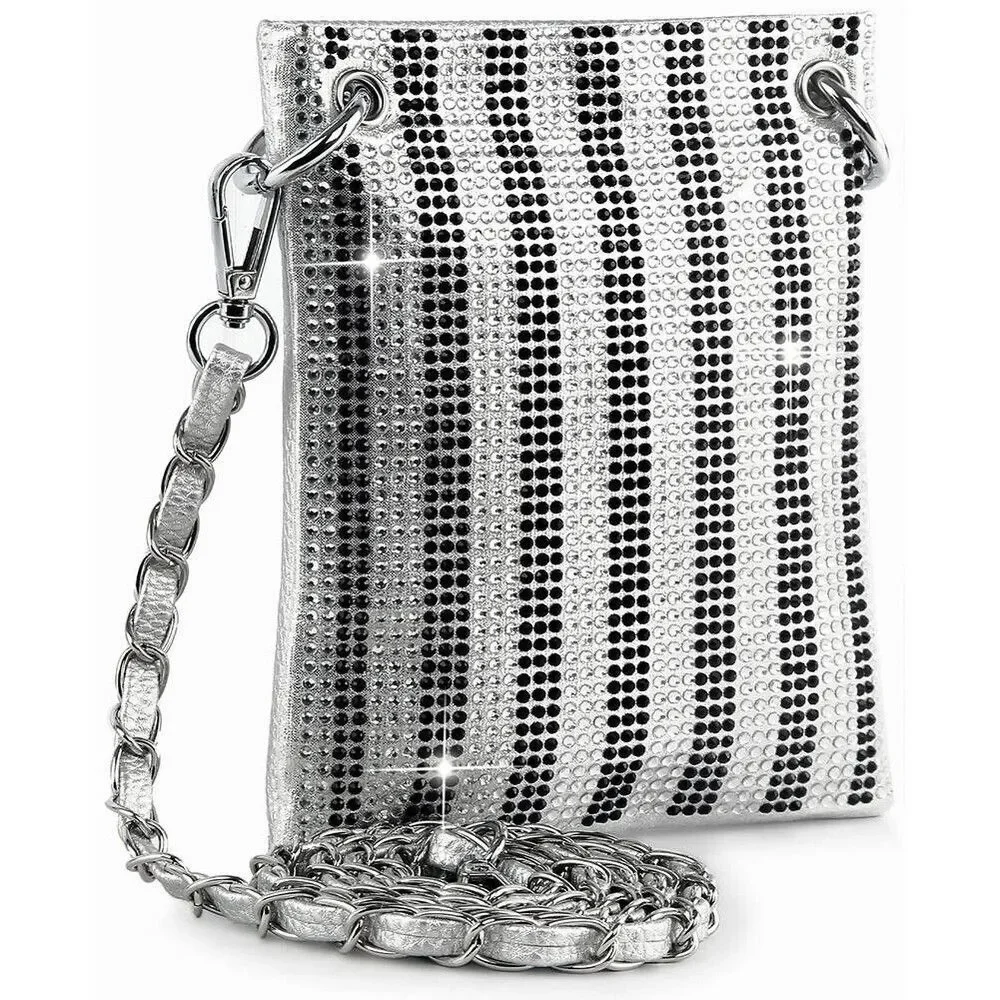 Silver Striped Rhinestone Studded Petite Crossbody Sling Handbag